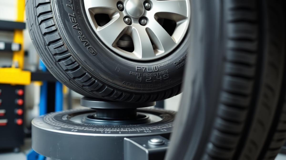 Close-up of a car wheel being balanced on a digital machine in a Nashville tire repair garage